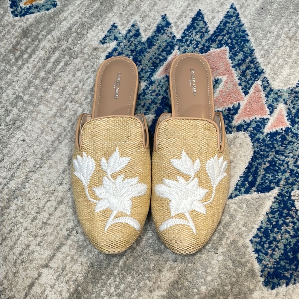 Tan and White Embroidered Mules